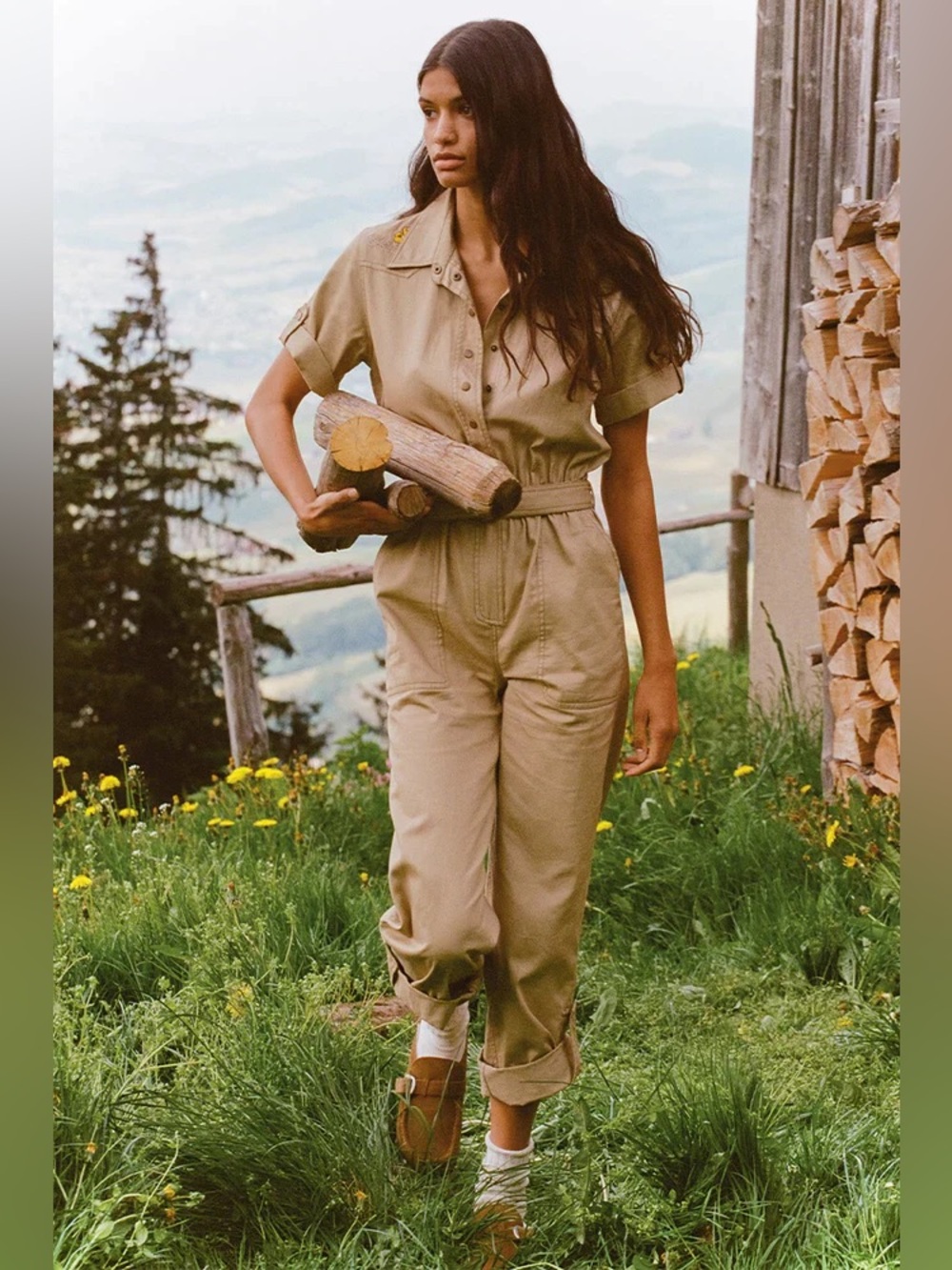 Spell Foxglove Embroidered Boilersuit Jumpsuit Size Medium Khaki Organic Cotton - Picture 2 of 6